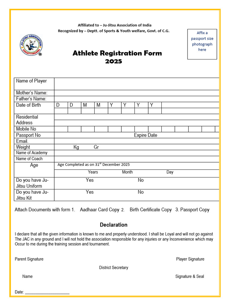 Ju-Jitsu Athlete Registration Form 2025 | PDF