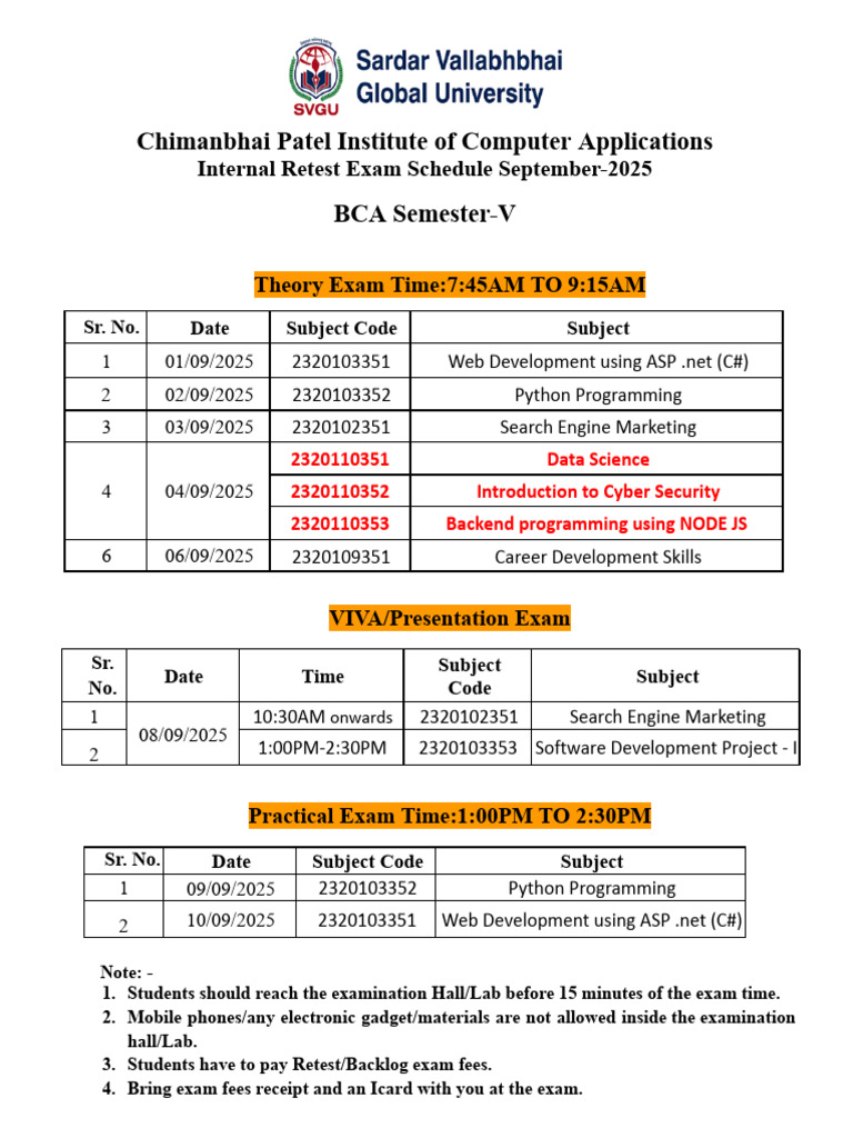 BCA Semester-V Retest Schedule Sept 2025 | PDF