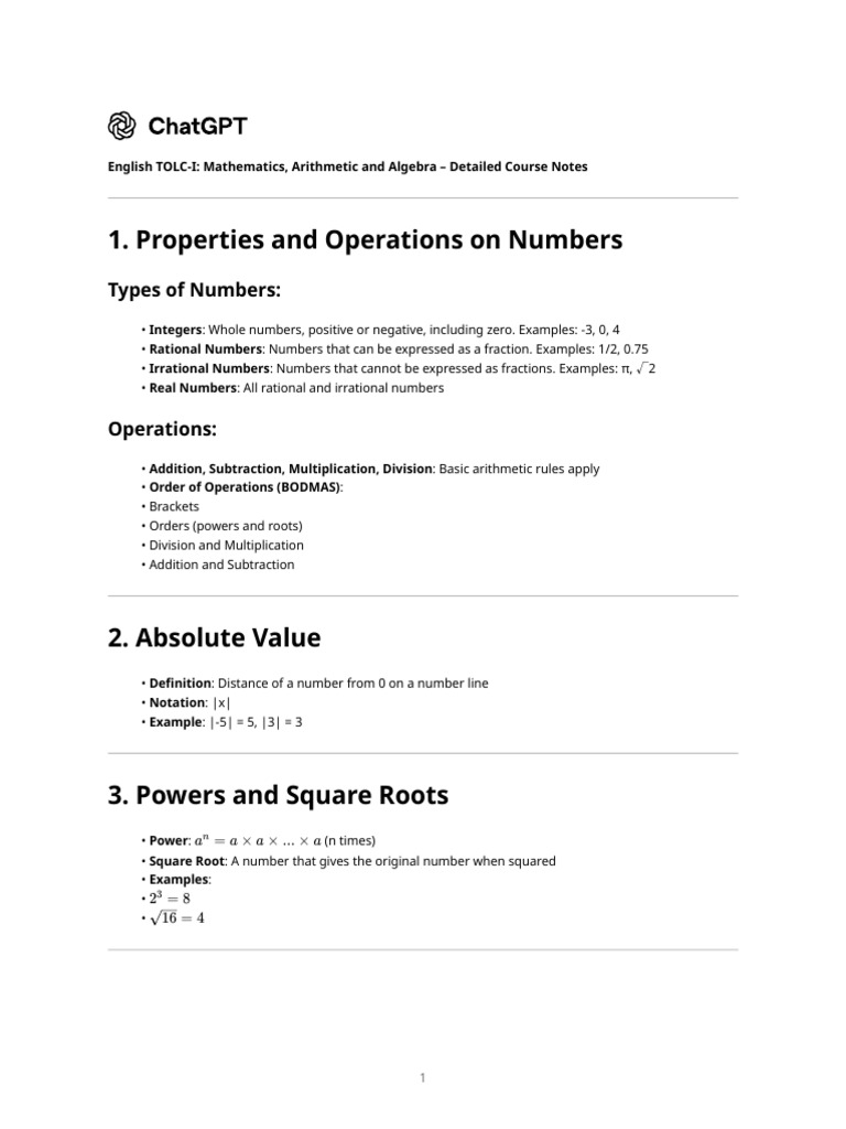 TOLC-I Math Course Notes: Algebra & Geometry | PDF | Multiplication ...