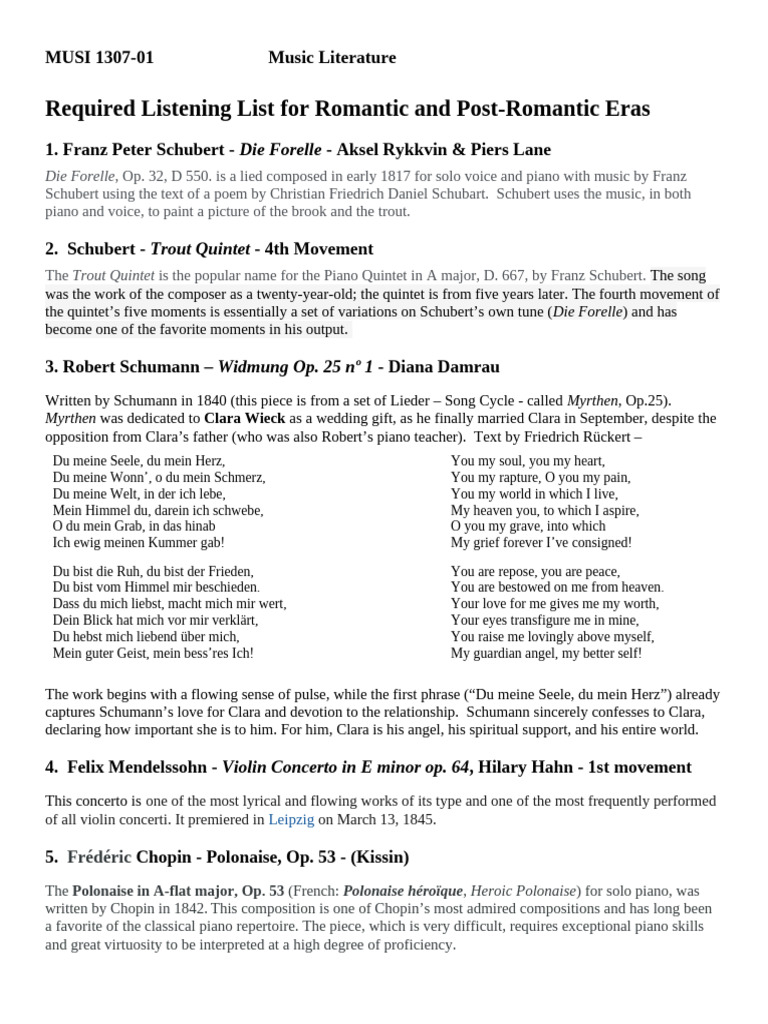 Romantic Era Music Listening Guide | PDF | Franz Schubert | Music