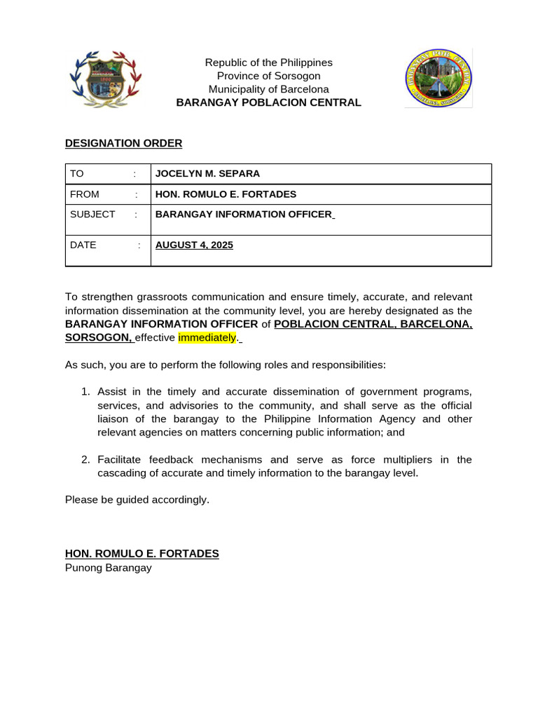 Designation Order Template Bio | PDF