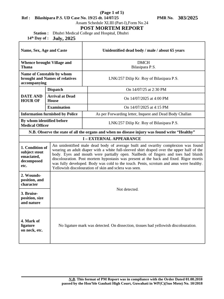 Post Mortem Report of Unidentified Male | PDF | Thorax | Abdomen
