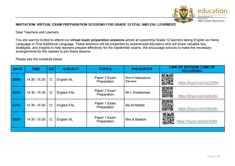 EHL and EFAL Invitation To Spet Exam Prep Virtual Classes | PDF