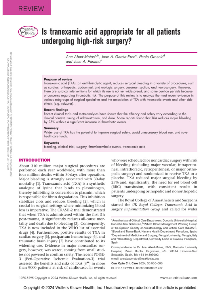 Tranexamic Acid in High-Risk Surgery | PDF | Surgery | Clinical Medicine