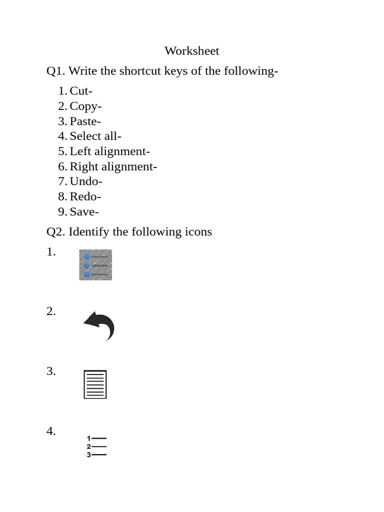 Class 3 Shortcut Keys Worksheet | PDF