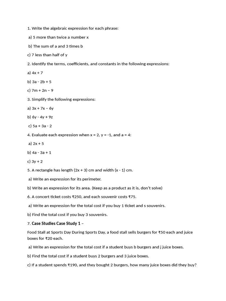 Worksheet - Algebrraic Expressions | PDF