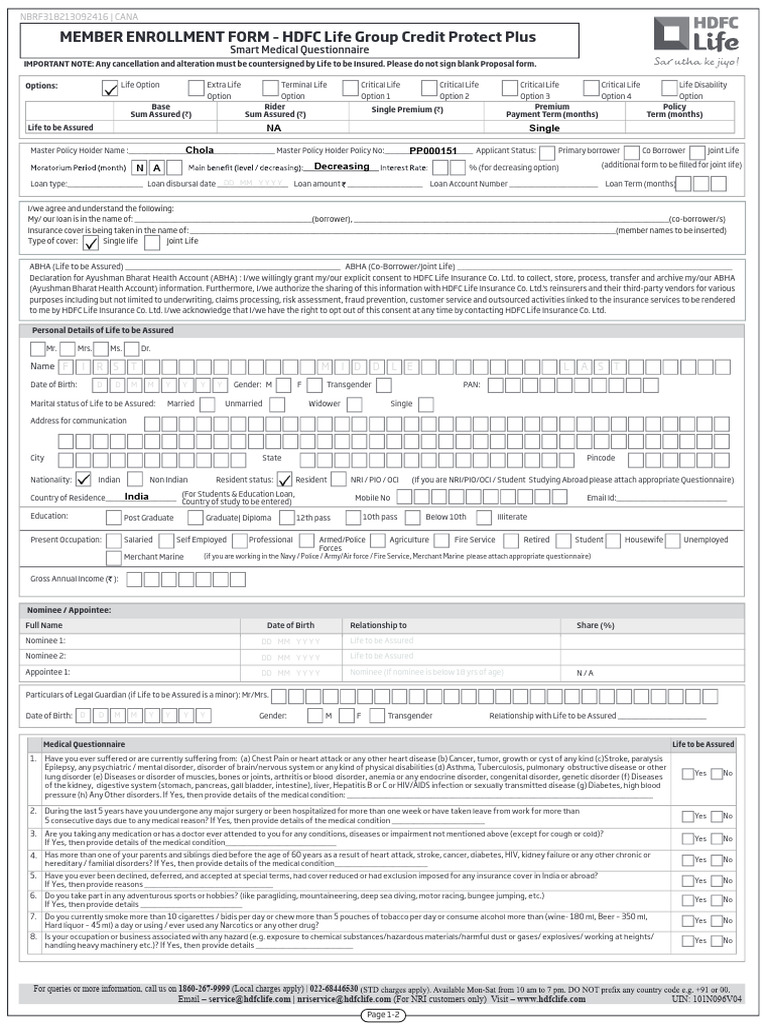 HDFC Life Proposal and Enrollment Forms | PDF | Insurance | Life Insurance