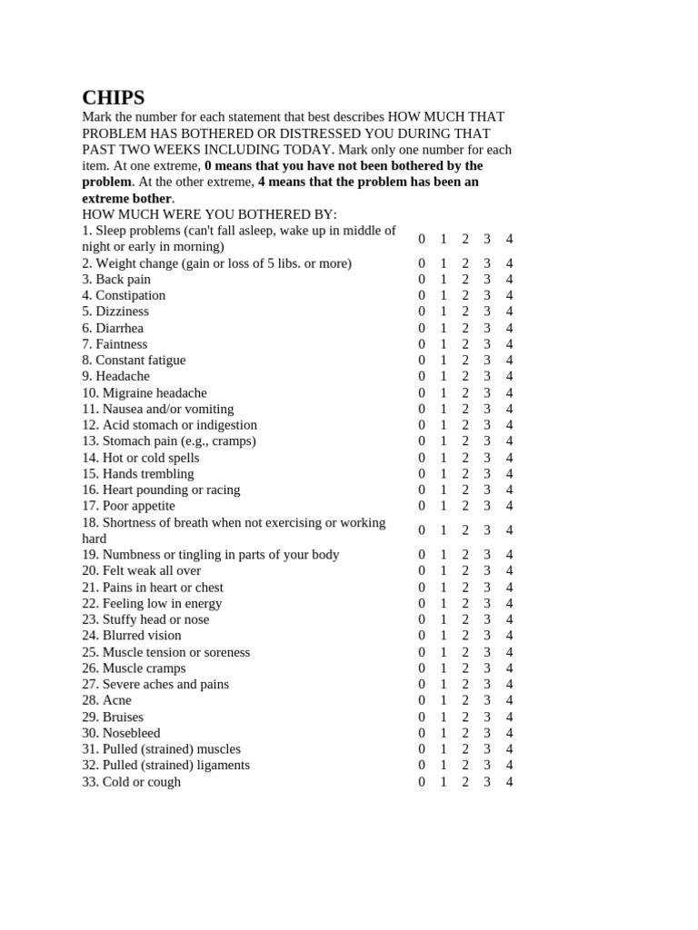 CHIPS-InVENTORY OfPhysical Symptoms | PDF | Headache | Pain