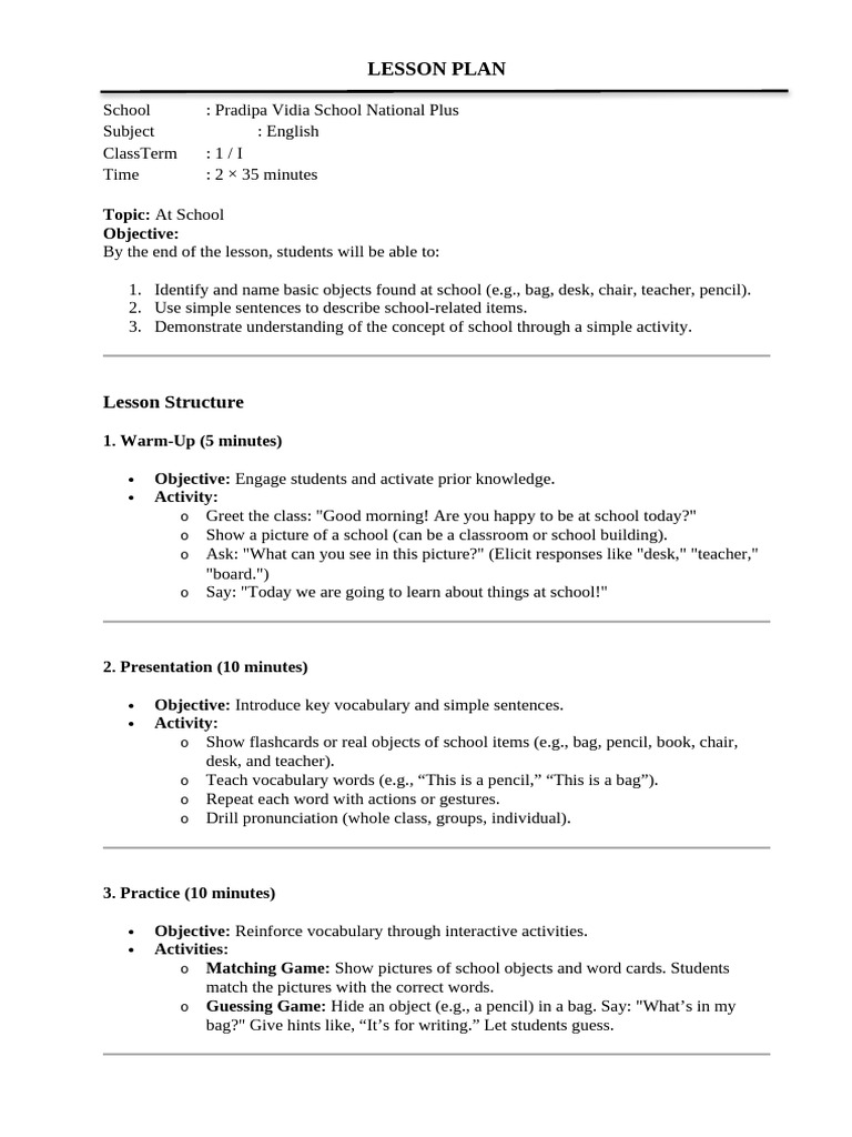 Lesson Plan English p1 Ok | PDF | Senses | Toys