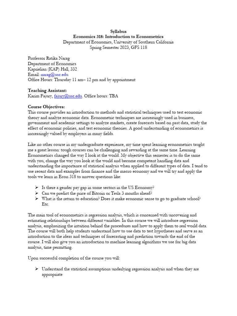 USC Econ 318: Econometrics Syllabus | PDF | Econometrics | Regression ...