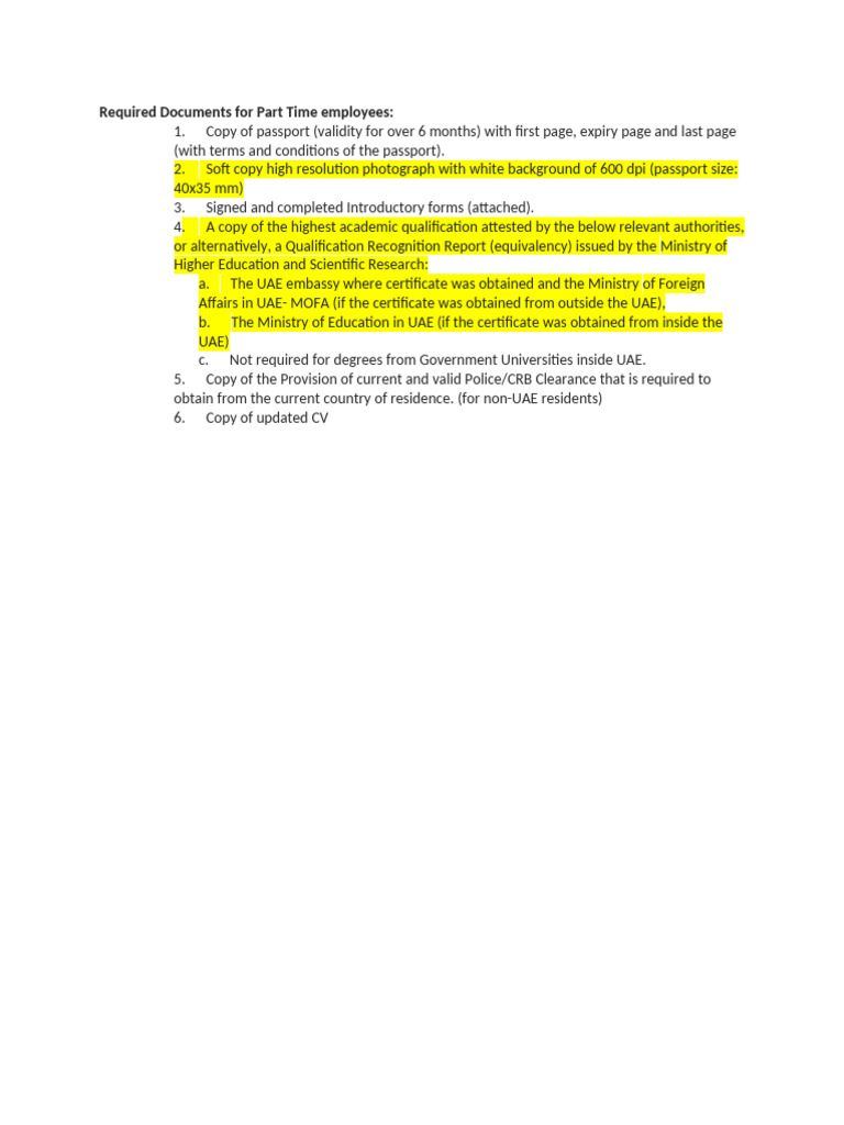 Required Documents For Part Time Employees | PDF