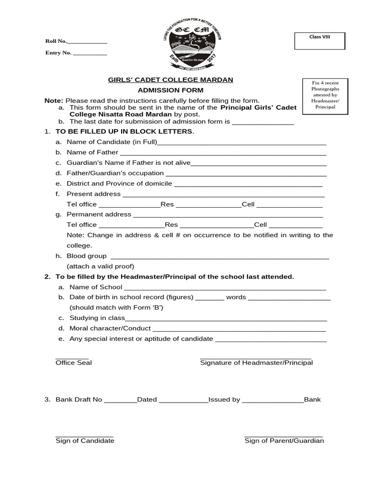 Girls' Cadet College Mardan Admission Form | PDF | Justice | Crime ...