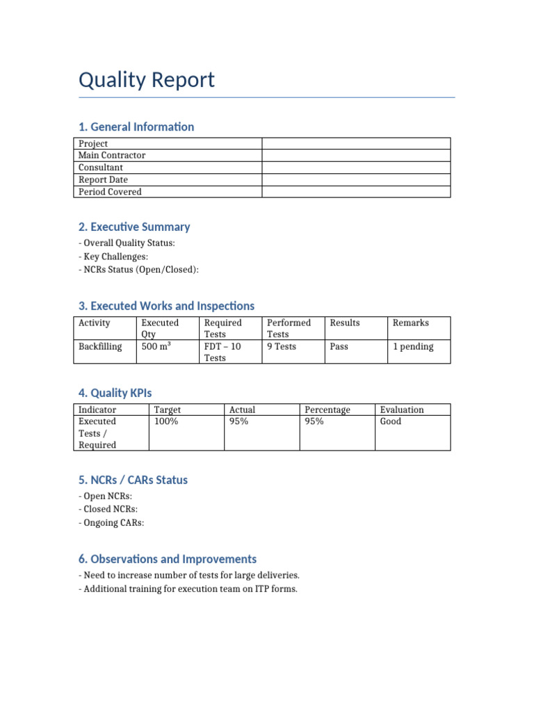 Quality Report Template Overview | PDF