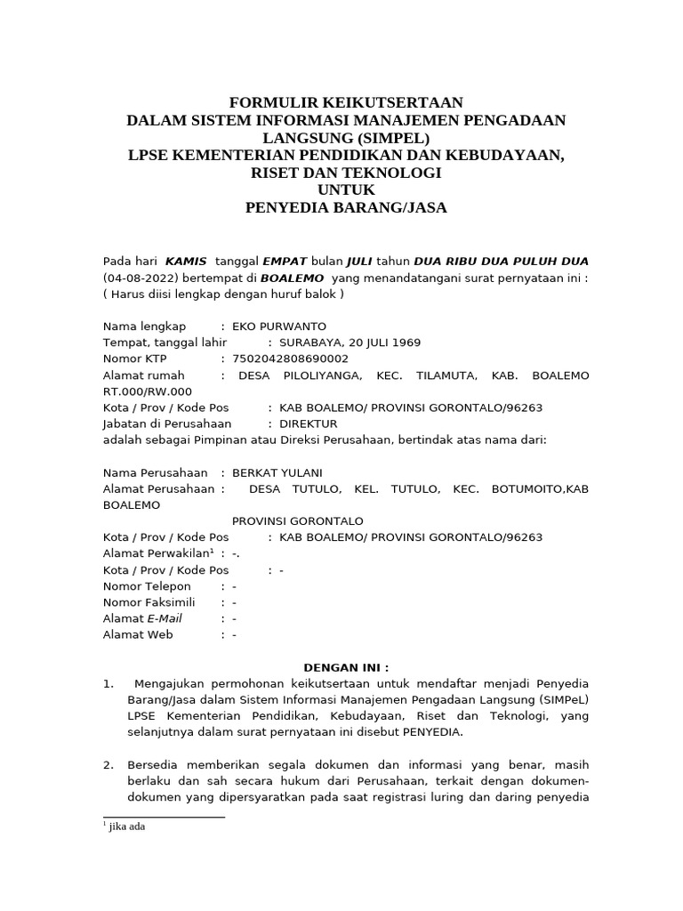 Formulir Keikutsertaan SIMPeL LPSE | PDF
