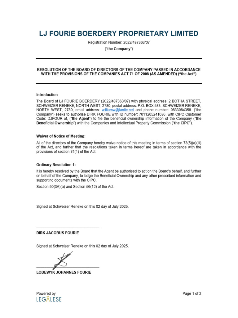 Board Resolution for CIPC Filing | PDF