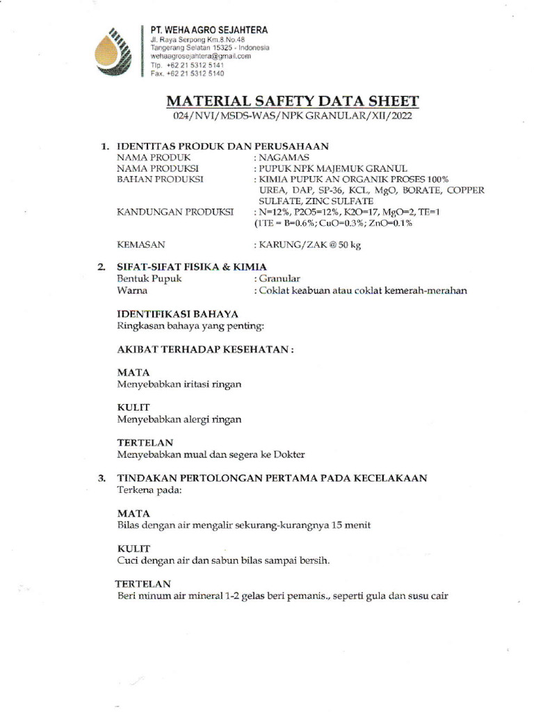 MSDS Pupuk NPK Granular Nagamas | PDF