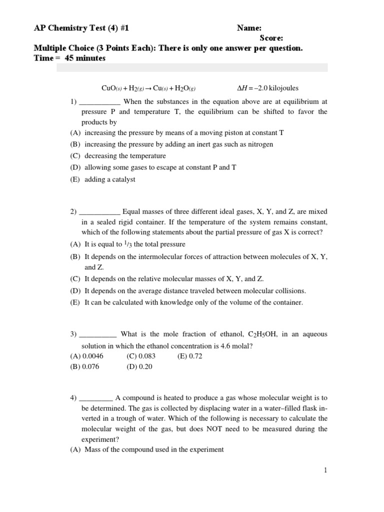 AP Chemistry Unit 10 Practice Test | PDF | Solution | Phase (Matter)