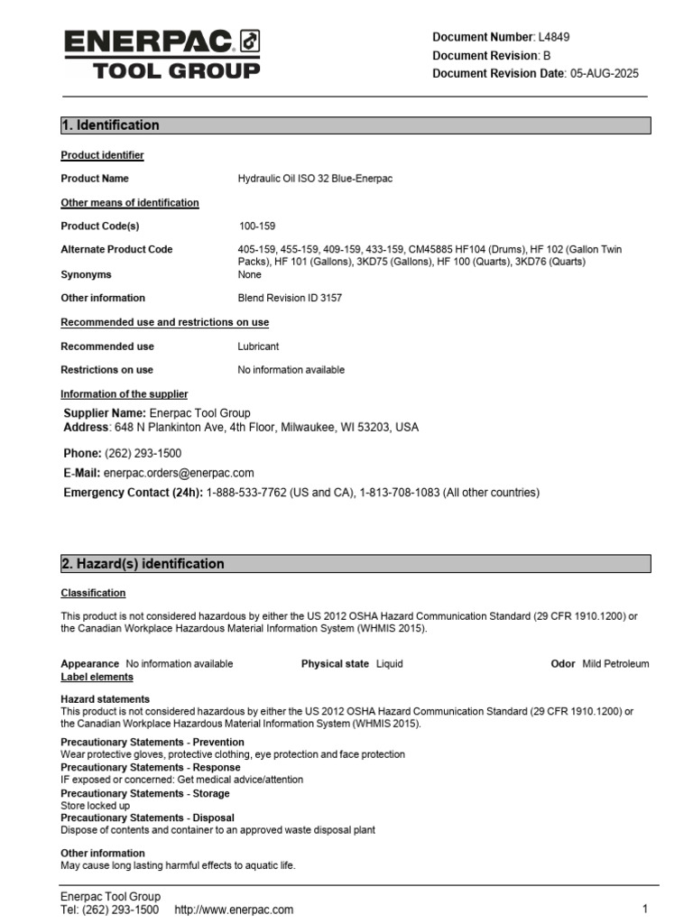 50 Msds Hf101 - Hydraulic Oil Enerpac | PDF | Superfund | Toxicity