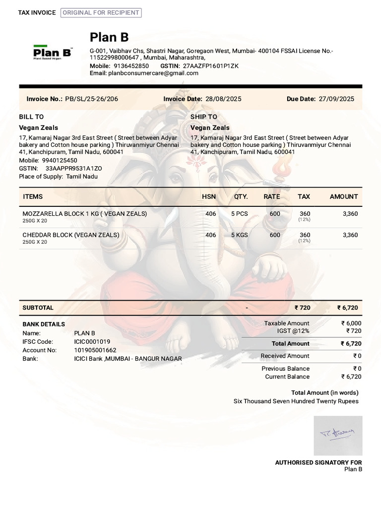 Vegan Zeals Sales Invoice PB SL 25-26-206 | PDF | Economy Of Asia | Rupee