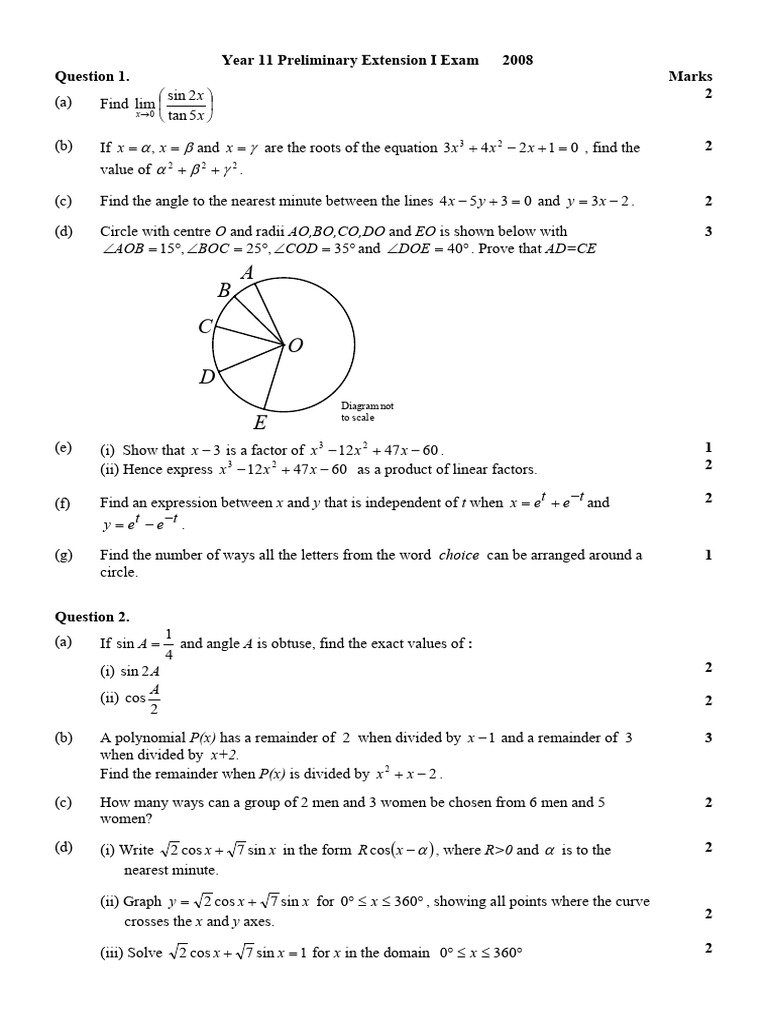 Year 11 Extension I Exam 2008 Solutions | PDF | Circle | Polynomial