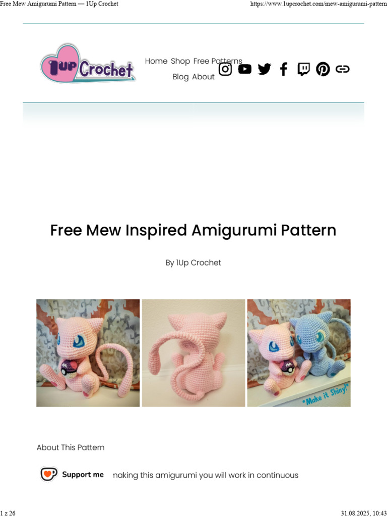 Free Mew Amigurumi Pattern - 1up Crochet | PDF | Amigurumi | Crochet