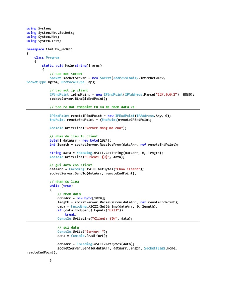 UDP Chat Server in C# Code Example | PDF | Computers
