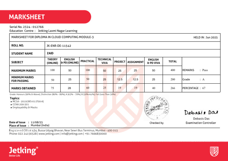 Cloud Computing Diploma Marksheet 2025 | PDF