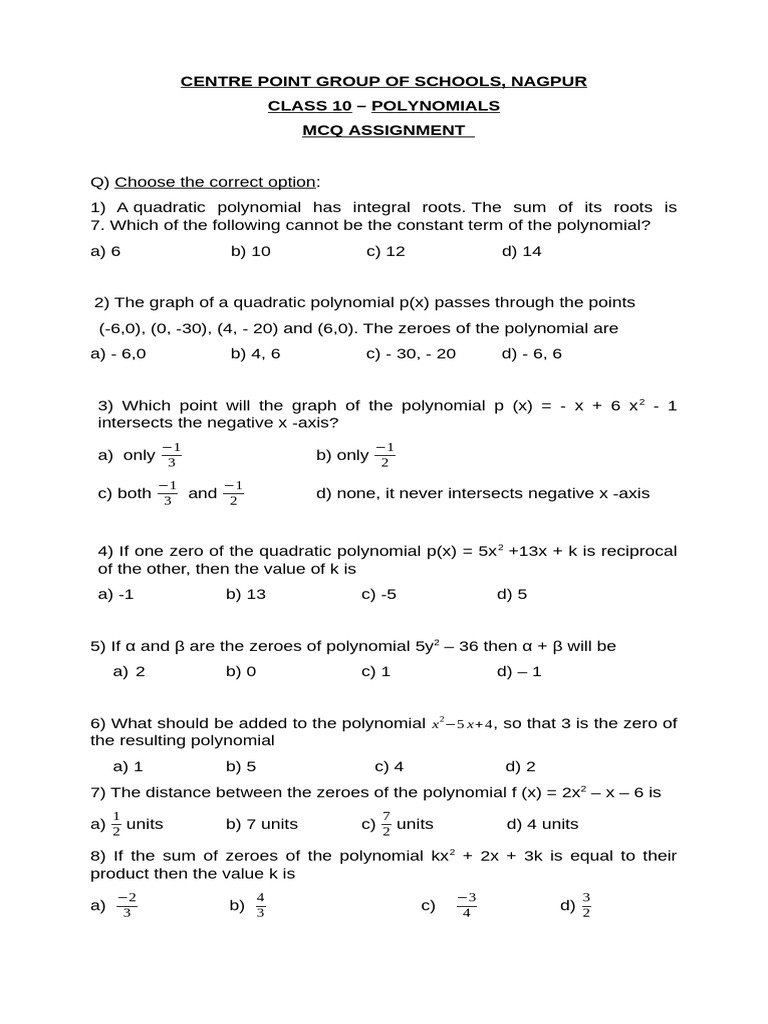Class 10 Polynomials MCQ Assignment | PDF | Polynomial | Zero Of A Function