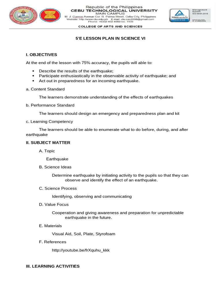 Earthquake Preparedness Lesson Plan | PDF | Earthquakes | Plate Tectonics