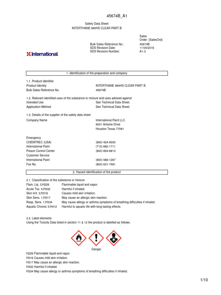 INTERTHANE 990HS Clear Part B SDS | PDF | Toxicity | Occupational ...