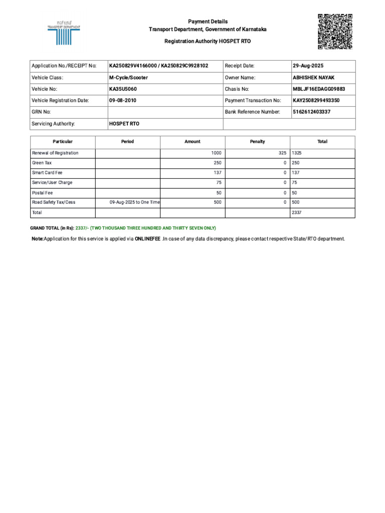 Karnataka RTO Payment Details Summary | PDF