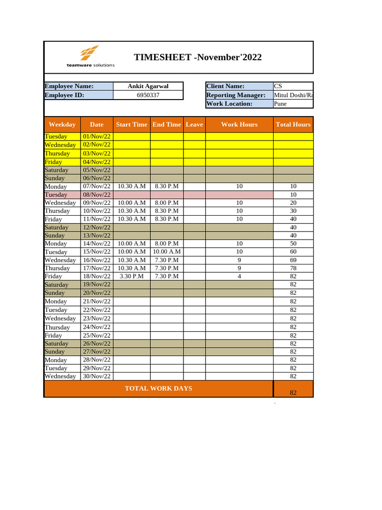 November 2022 Employee Timesheet | PDF | Workweek And Weekend