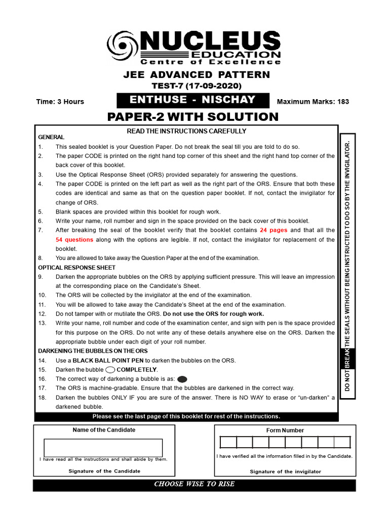 JEE Advanced Paper 2 Instructions and Questions | PDF | Photon | Energy ...