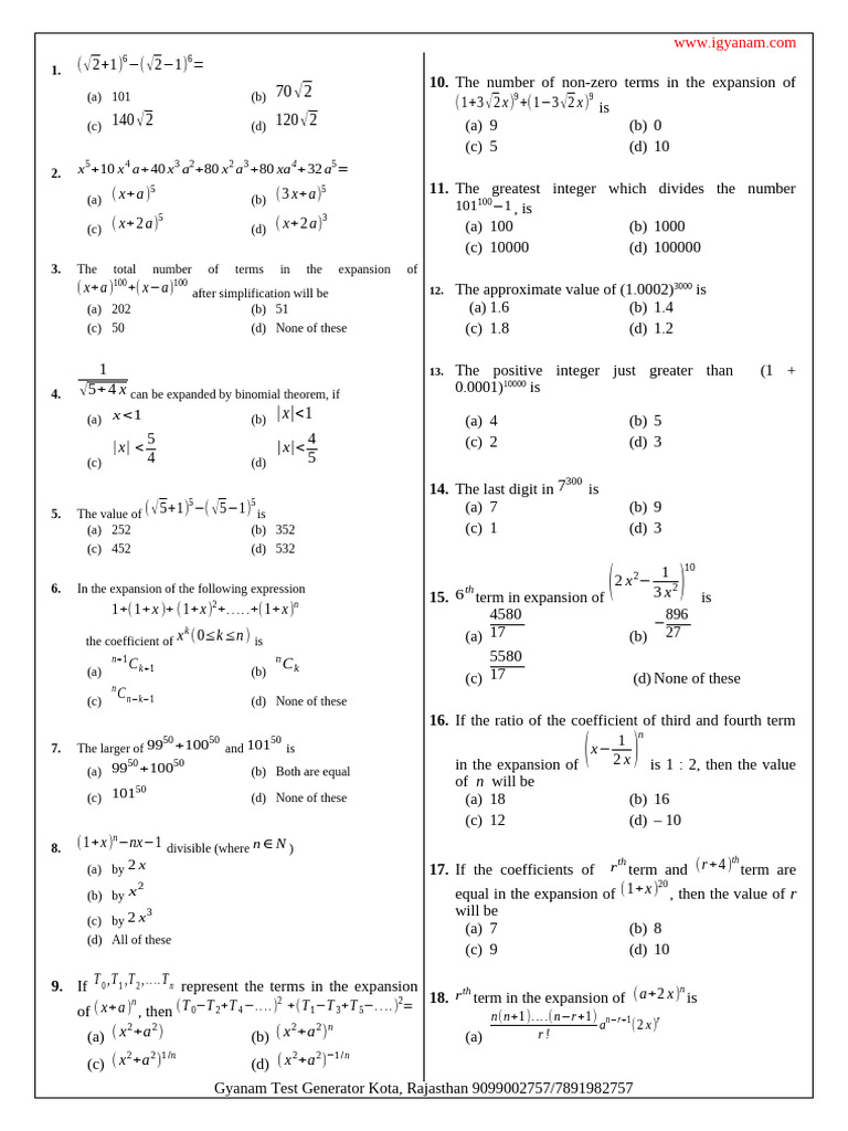Binomial Expansion Practice Questions | PDF | Square Root | Discrete ...