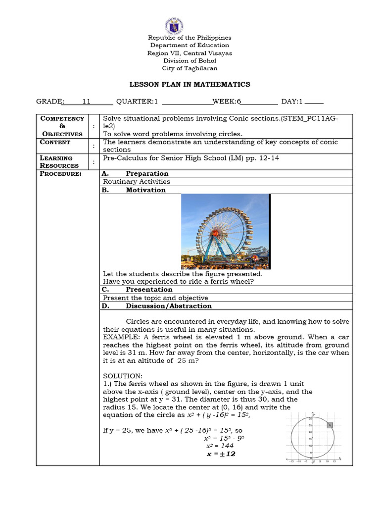 Grade 11 Math Lesson Plan: Conic Sections | PDF | Circle | Mathematics