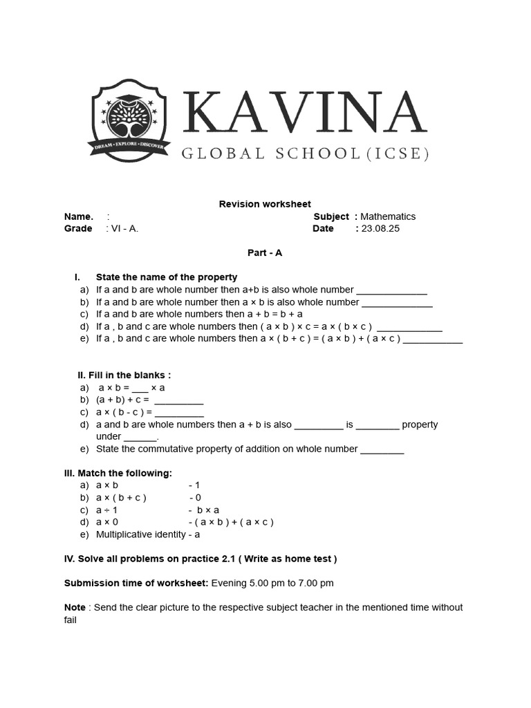 Grade - 6 Revision Worksheet - 1 | PDF
