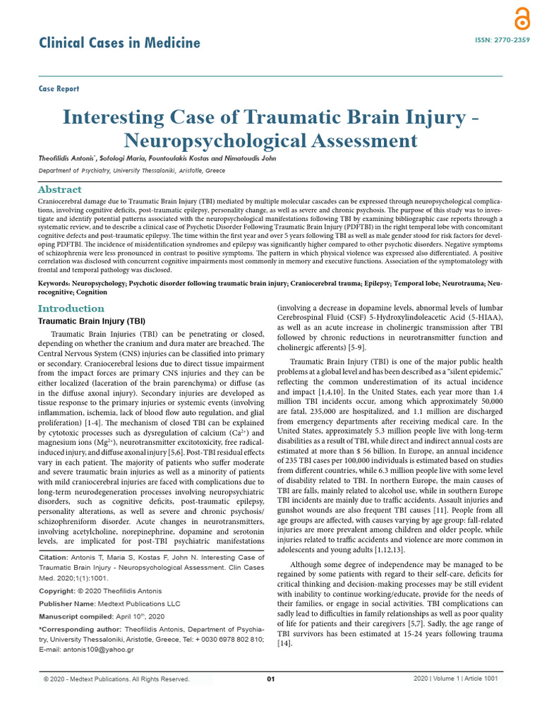 Interesting Case of Traumatic Brain Injury Neuropsychological ...