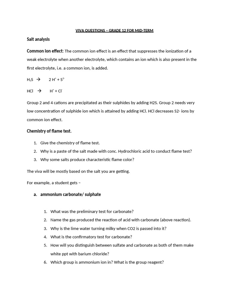 Viva Questions Midterm Salt Analysis | PDF | Salt (Chemistry ...