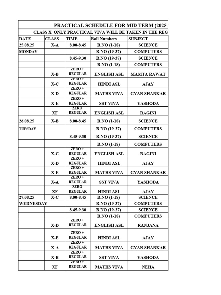 Class X Practical Exam Schedule 2025 | PDF