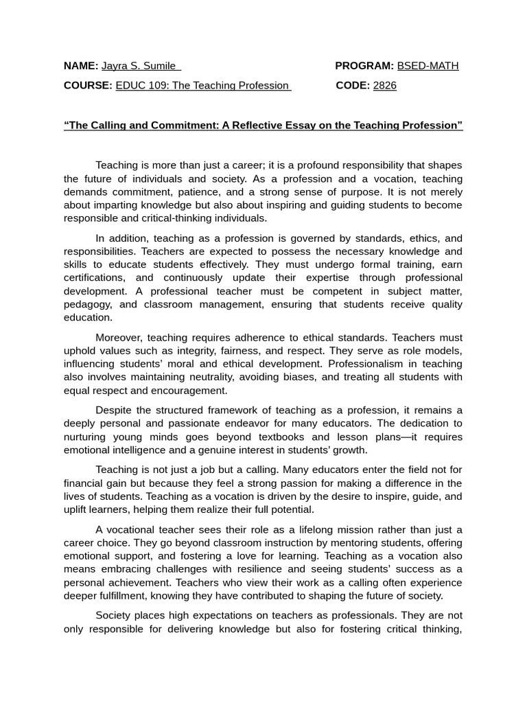 Teaching as a Vocation: A Reflective Essay | PDF | Teachers | Mentorship