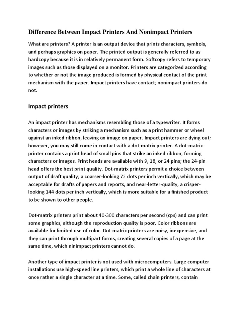Impact vs Nonimpact Printers Explained | PDF | Printer (Computing ...
