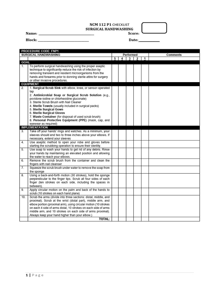 NCM 112 p1 Checklist Surgical Hand Washing SC | PDF | Hand Washing