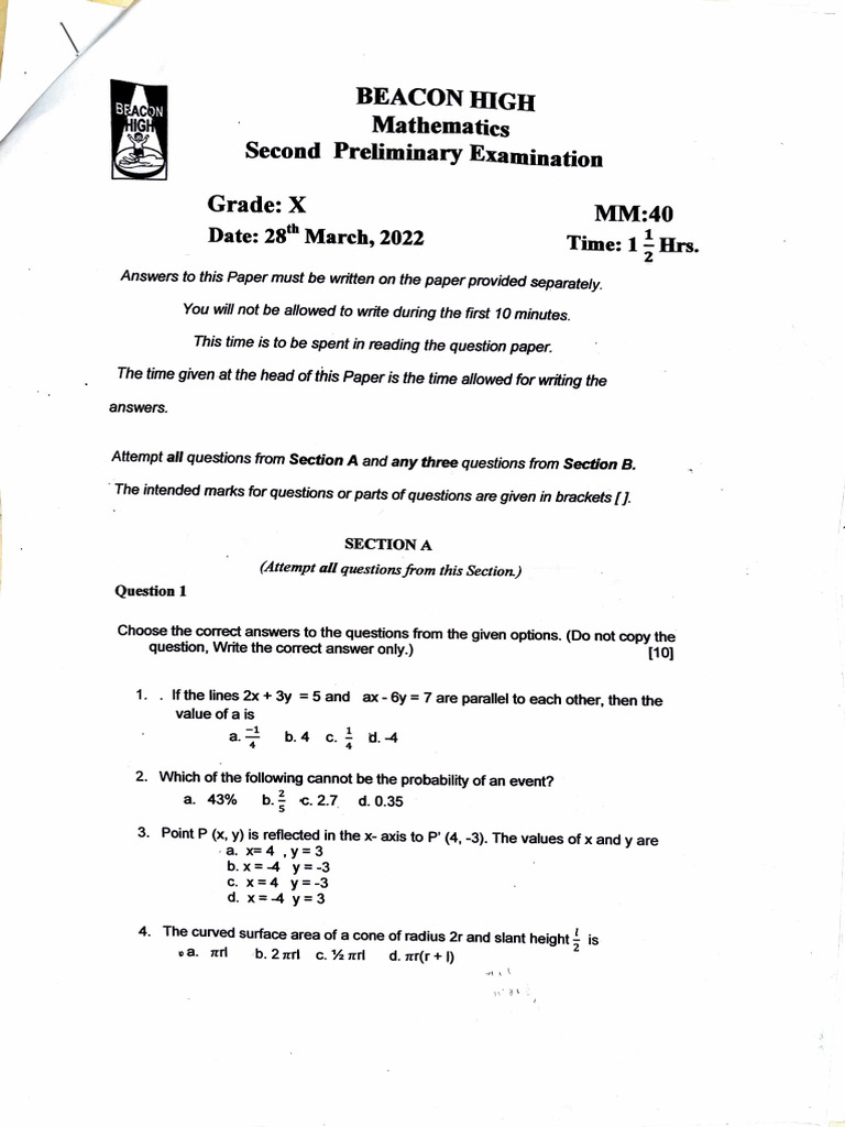 Grade X Mathematics Exam Paper | PDF | Triangle | Elementary Geometry