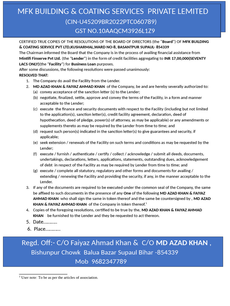 MFK Building Co. Board Resolutions | PDF | Debt