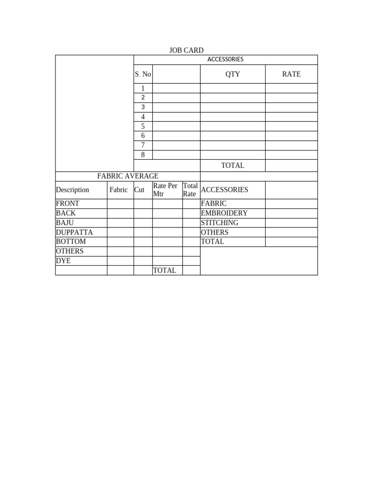 Accessories Job Card and Pricing Details | PDF