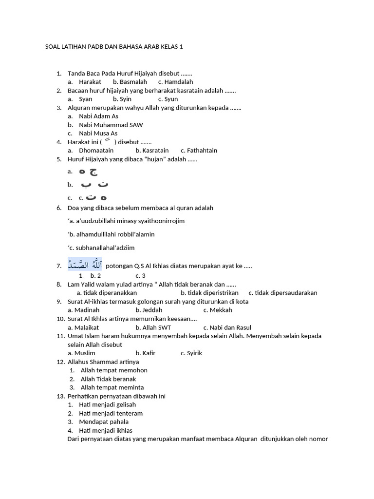Latihan PADB dan Bahasa Arab Kelas 1 | PDF