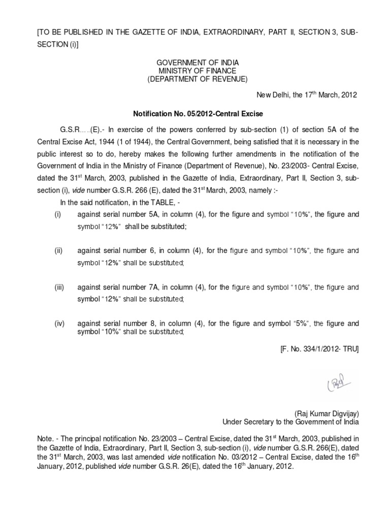 Central Excise Rate Amendments 2012 | PDF