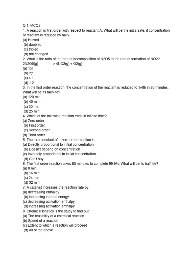 Chemical Kinetics MCQs and Assertions | PDF | Reaction Rate | Chemical ...