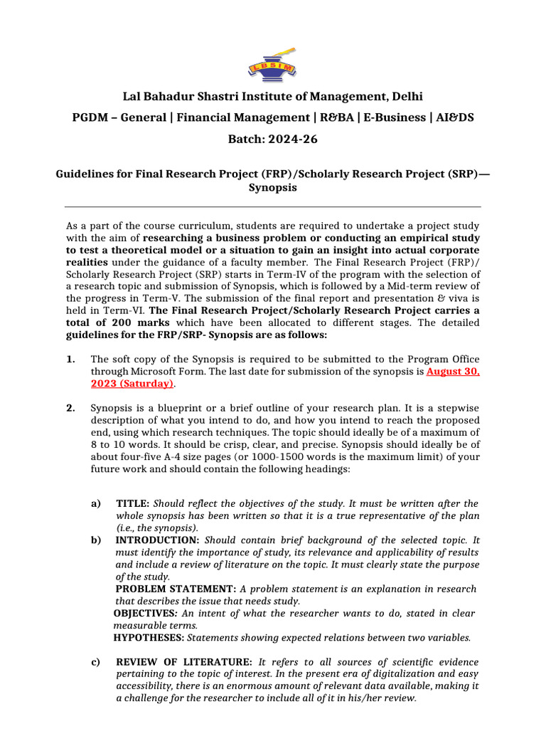 FRP/SRP Guidelines for PGDM Students | PDF | Methodology | Science