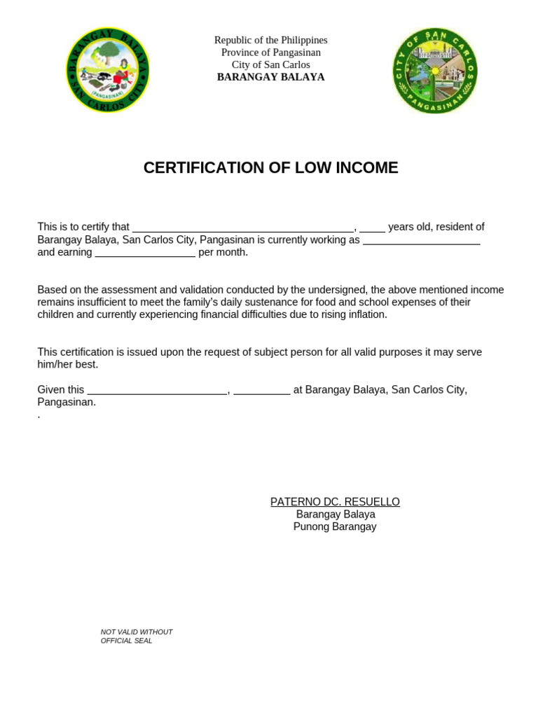 Barangay Low Income Certification Sample | PDF